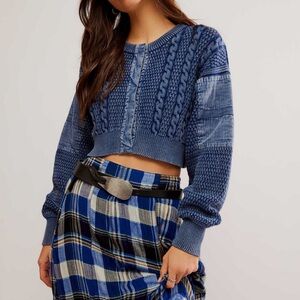 Free People Mixed Media Blue Cable Knit Cropped Sweater